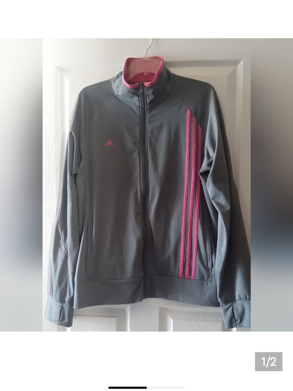 Adidas XL Ladies Gray Track Jacket with Pink Stripes and Adidas Logo.